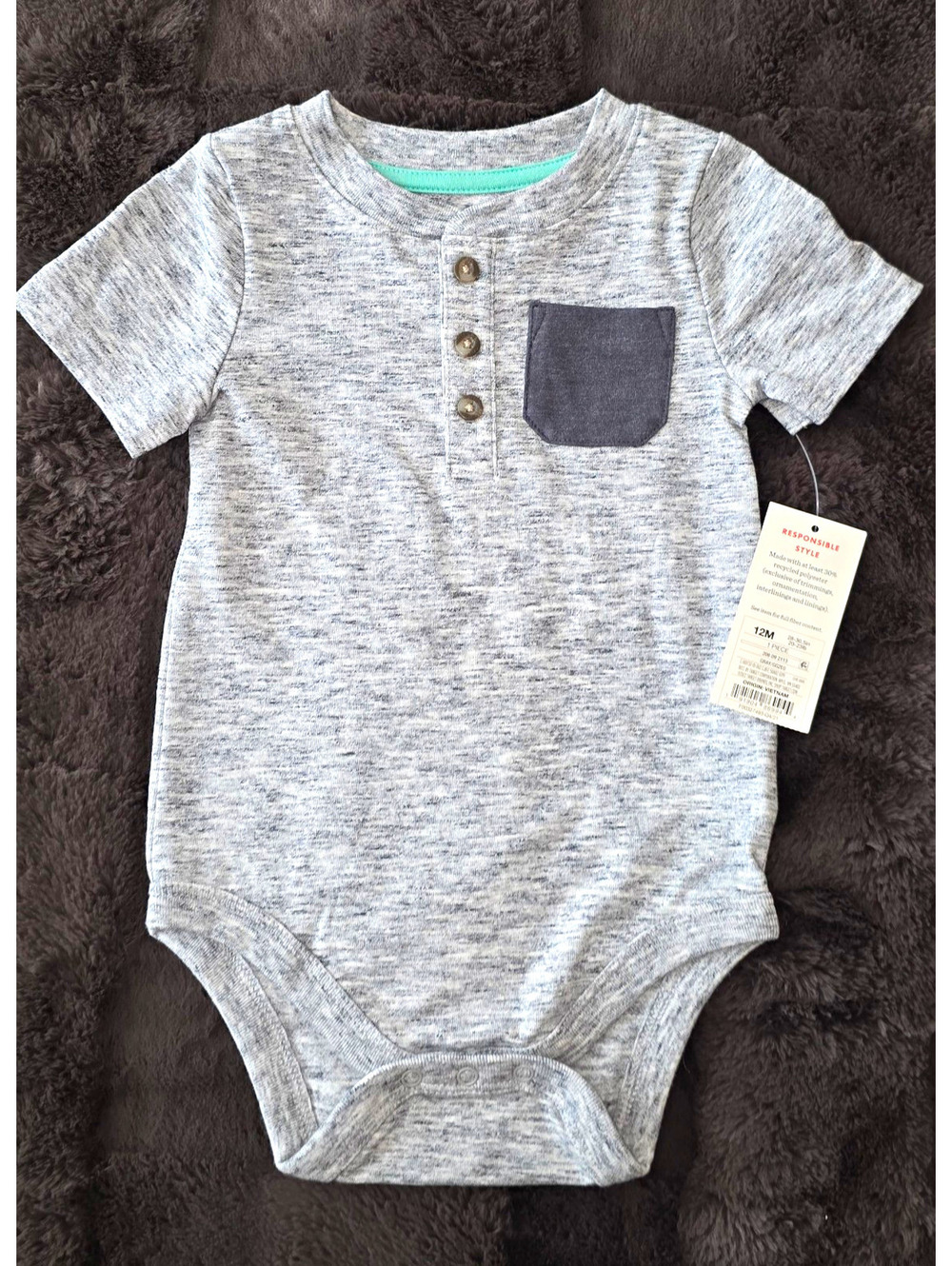 Cat & Jack Baby Boys Henley Bodysuit Pocket Gray Short Sleeve 12-18 Months